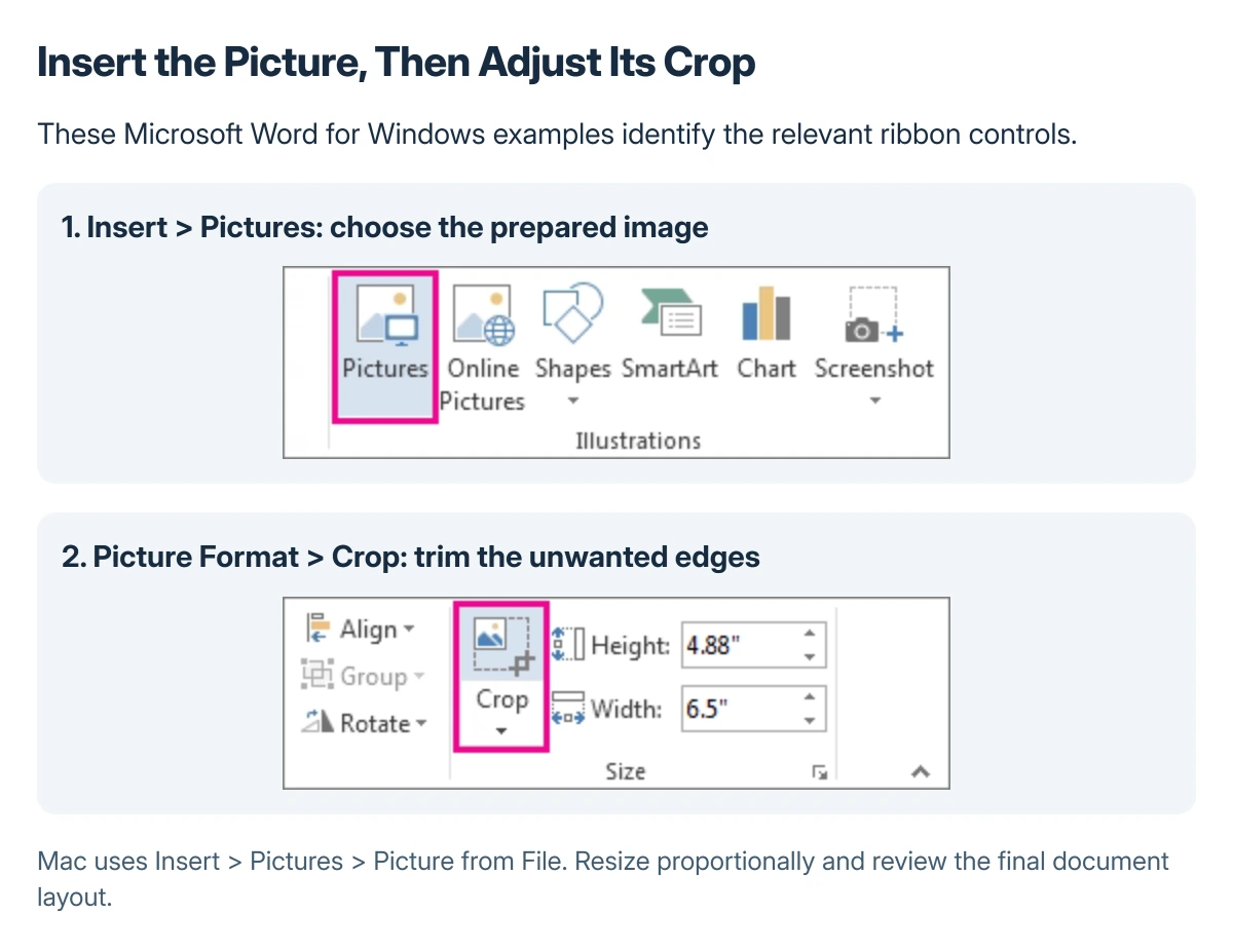 Microsoft's Word Pictures and Crop controls shown in the order used to insert and trim a signature image