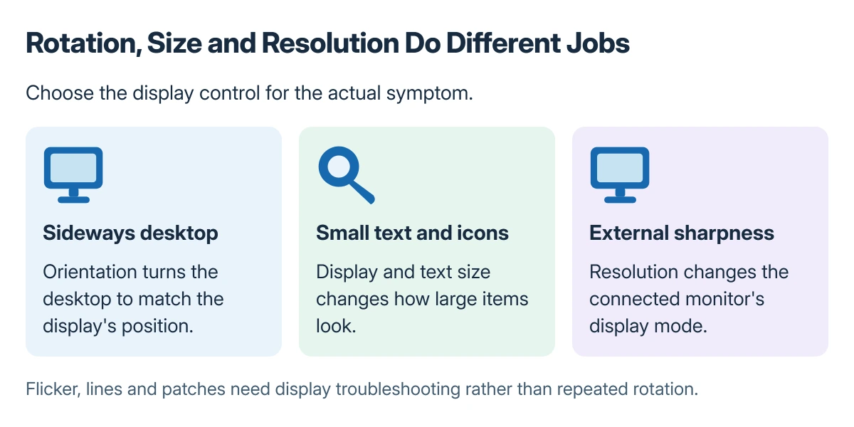 Compare three Chromebook display changes: Orientation turns the desktop, Display and text size changes item size, and Resolution changes an external monitor's sharpness