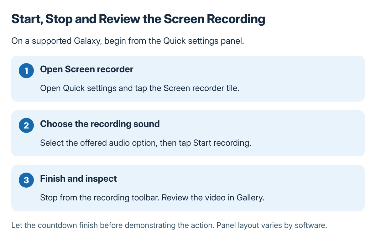 Samsung recording sequence: open Quick settings, choose Screen recorder, select sound, start after the countdown, then stop from the recording toolbar