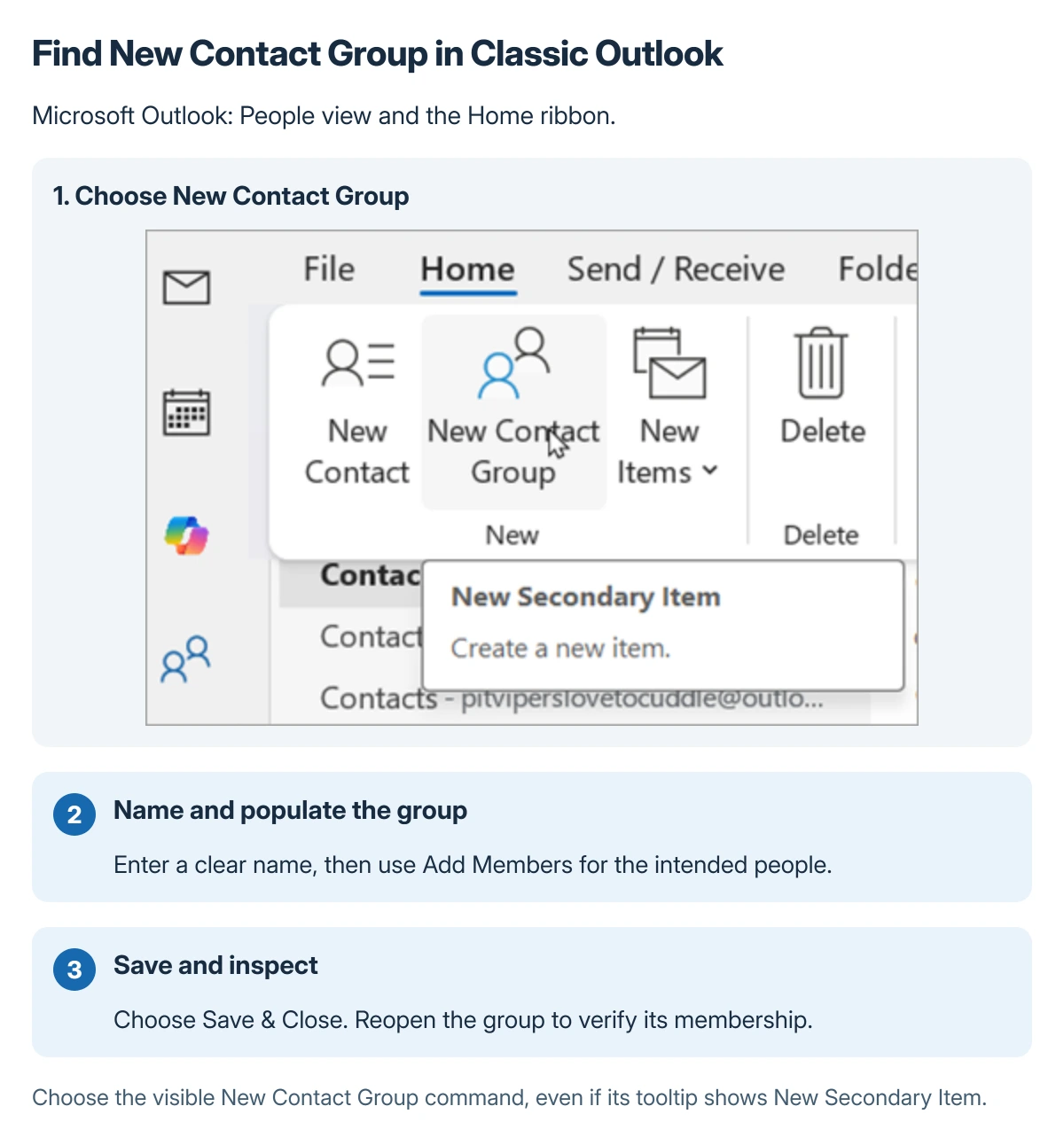 Microsoft Outlook classic contact-group creation control and the steps for naming the group, adding members and saving it