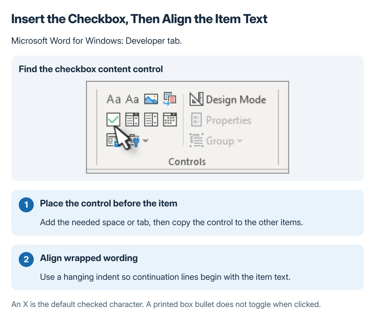 Microsoft Word Developer checkbox control with steps for placing checkboxes and aligning wrapped item text