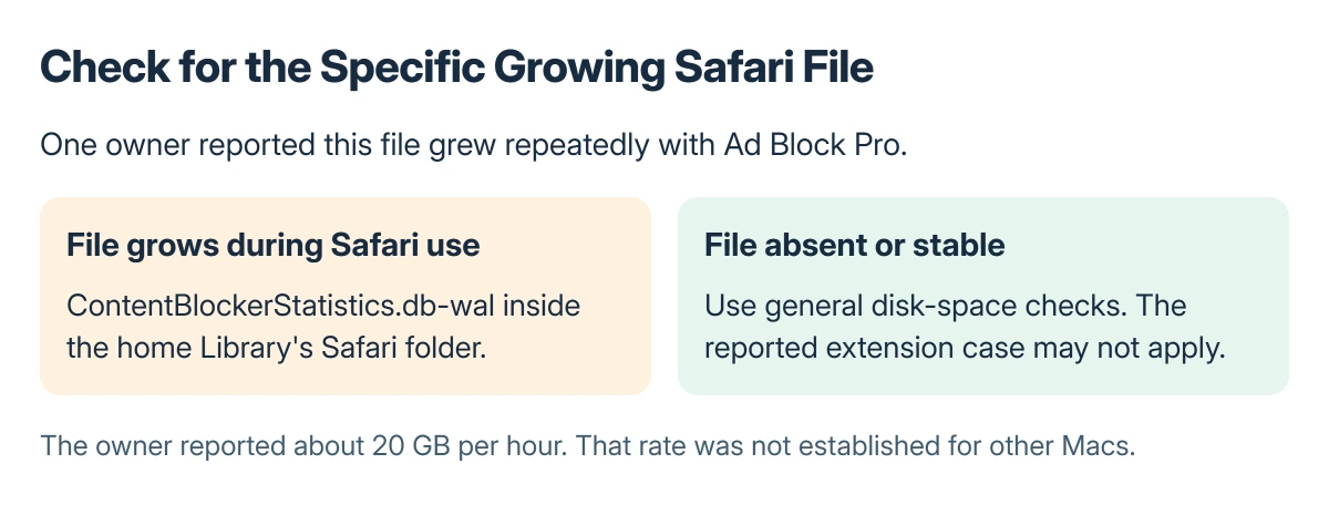 Safari storage comparison: a large but stable storage category needs general checks, while a repeatedly growing ContentBlockerStatistics.db-wal file matches the reported extension case