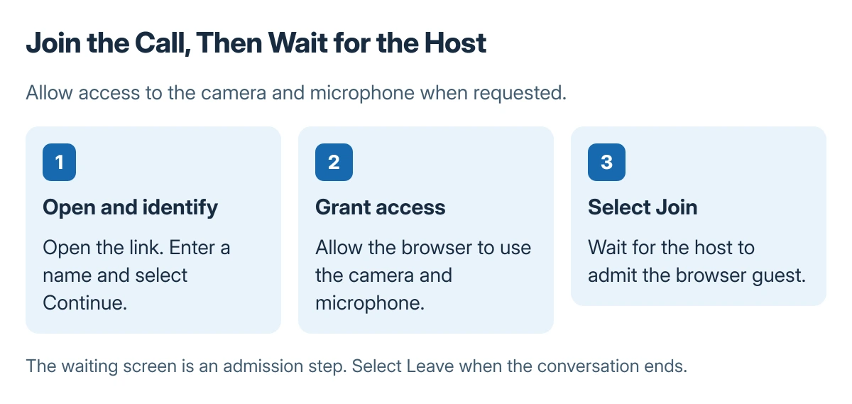 FaceTime on Android joining sequence: open the link, enter a display name and continue, allow camera and microphone, then select Join and wait for the host