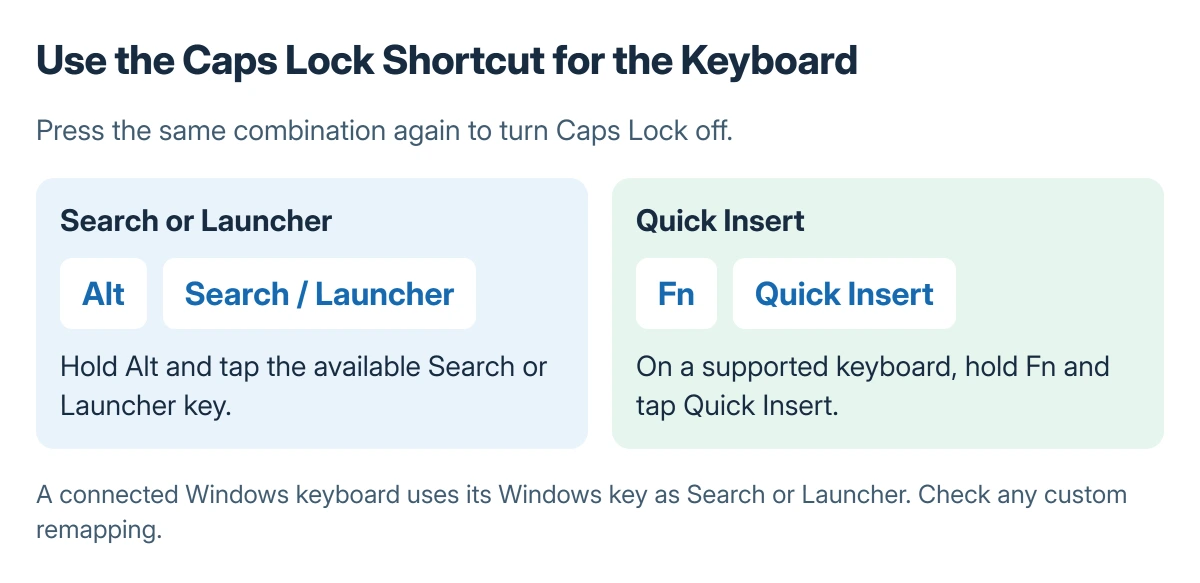 Chromebook Caps Lock shortcuts compared: hold Alt and tap Search or Launcher; supported Quick Insert keyboards can use Fn and Quick Insert