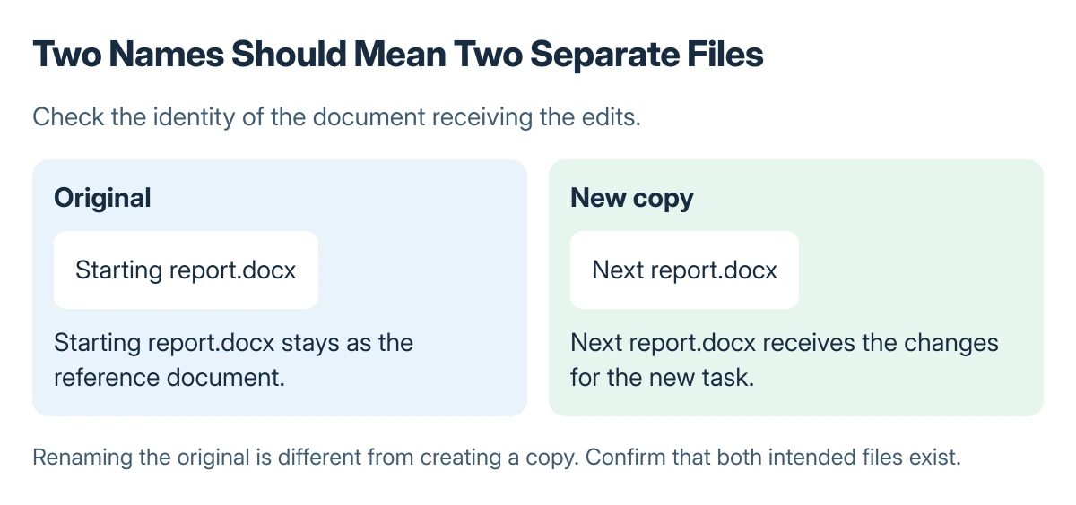 Word files compared: the original remains the starting document, while a separately named copy receives the new edits; a renamed original is still the same file