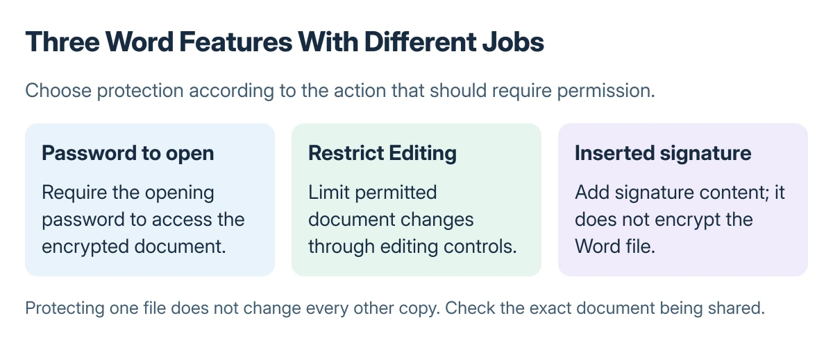 Word protection choices compared: an opening password controls access to the document, editing restrictions control permitted changes, and an inserted signature does not encrypt the file