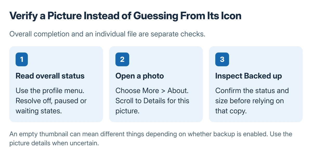 Photo verification: check the overall backup status, open an important picture, use More About, and inspect the Backed up details rather than guessing from the thumbnail