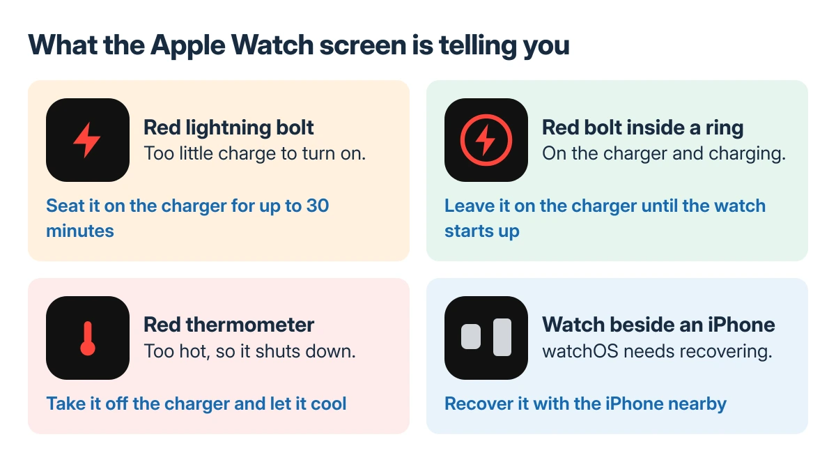 Apple Watch screen symbols and what each means: a red lightning bolt is a flat battery, a red bolt inside a ring is charging, a red thermometer is a shutdown to cool down, and a watch next to an iPhone means recovery with the iPhone