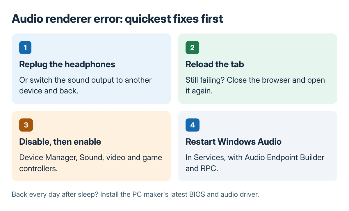 Quick fixes for the audio renderer error in order: replug the headphones or switch the output, reload the tab or restart the browser, disable and re-enable the sound device in Device Manager, then restart the Windows Audio service