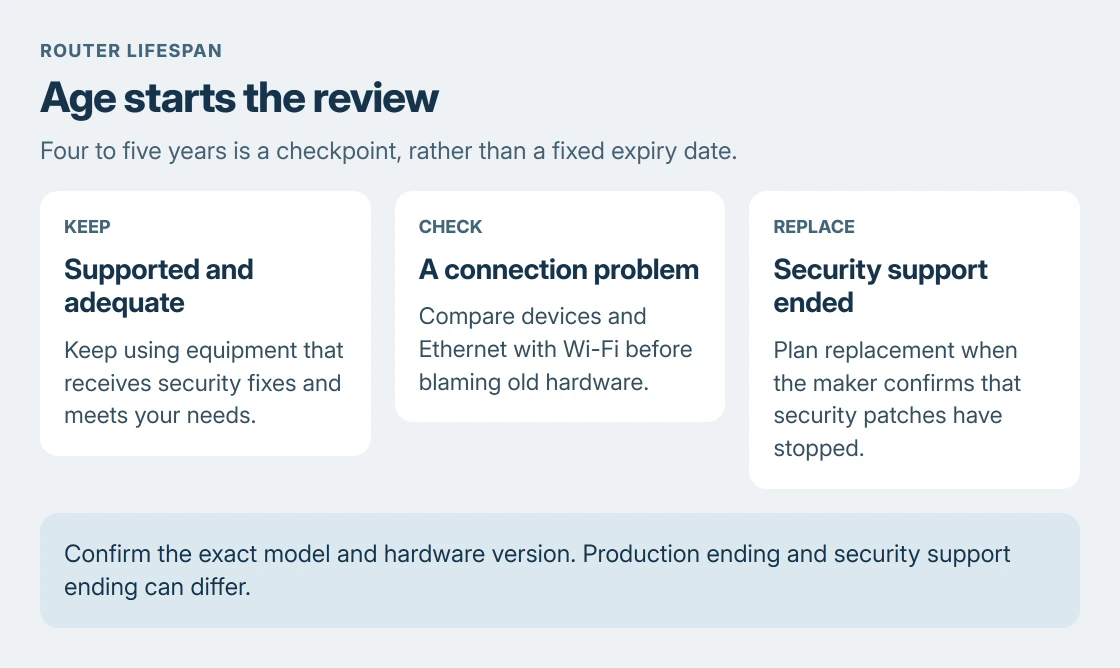 Router replacement decision: keep supported equipment that meets your needs, troubleshoot connection faults, or replace equipment after security support ends
