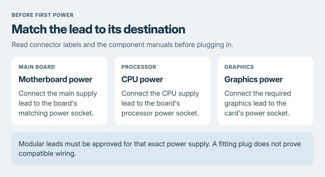 Desktop wiring destinations: motherboard power goes to the board, CPU power goes to its processor power socket, and graphics power goes to the graphics card; verify each cable against the manuals