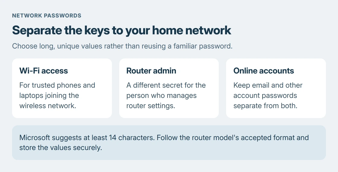 Router password choice: a unique Wi-Fi password admits trusted devices, a different admin password protects settings, and neither should reuse an email or other account password