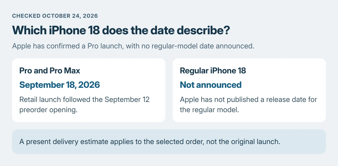 iPhone 18 release status as of October 24, 2026: Pro and Pro Max released September 18; a regular iPhone 18 has no Apple-announced release date