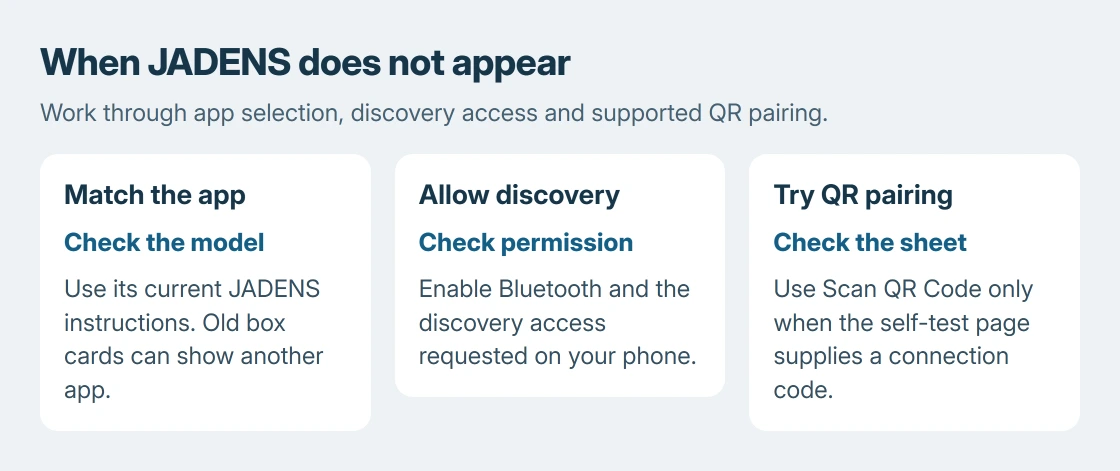 JADENS connection guide: use the correct phone app, allow device discovery, then use a self-test QR code only when the printer supplies one
