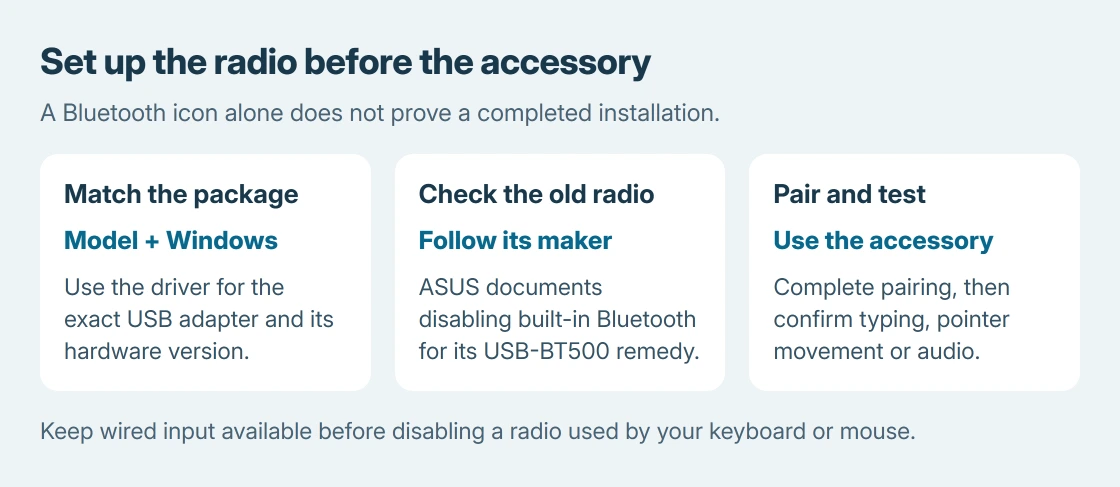 USB Bluetooth adapter installation checks: select the exact model and Windows driver, handle the built-in radio only as instructed, then pair and test the accessory