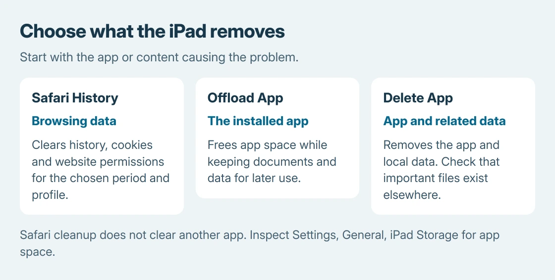 Choose an iPad cleanup: Safari History removes browsing history and website data, Offload App preserves documents and data, and Delete App also removes the app's related local data