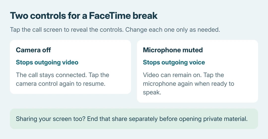 FaceTime privacy controls: camera off stops outgoing video; microphone off stops outgoing voice; restore each control separately when ready to continue