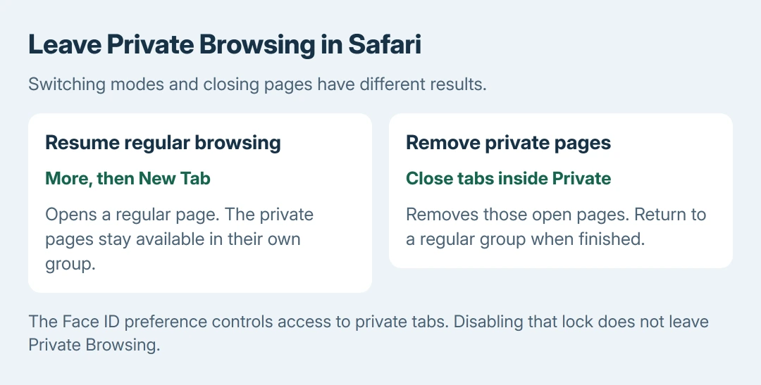 Safari choices compared: New Tab opens regular browsing; switching away from Private keeps private pages open; closing private tabs removes those open pages