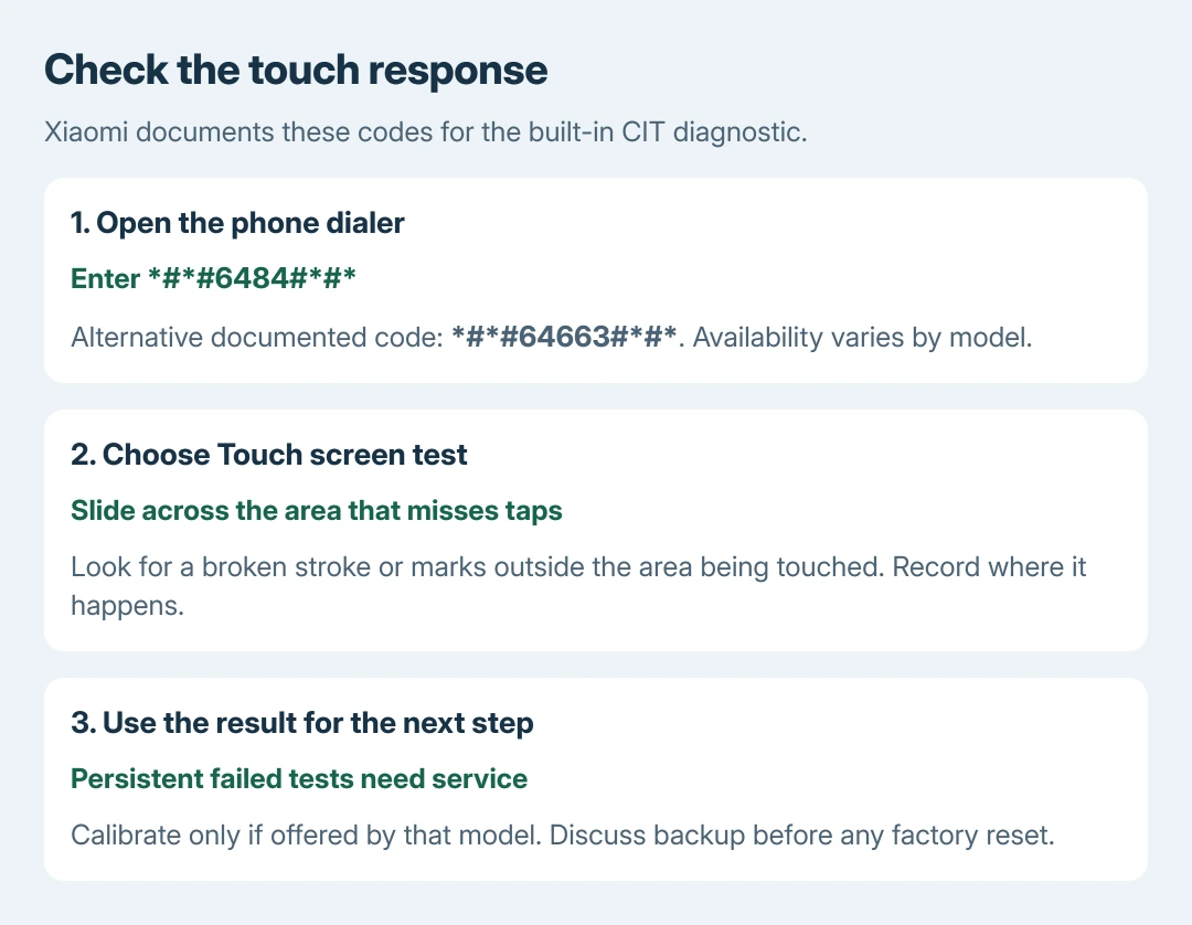 Xiaomi touch-test instructions: open the phone dialer and enter the documented CIT code, choose the touchscreen test, then record missing strokes or extra marks outside the touched area