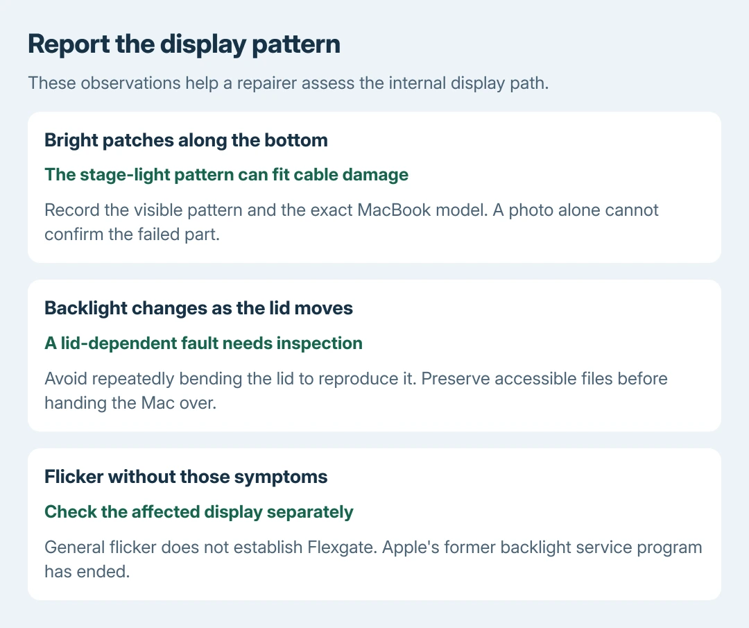 MacBook display symptom comparison: bright patches along the bottom and darkness that changes with lid movement call for display-cable assessment; general flicker alone does not establish Flexgate