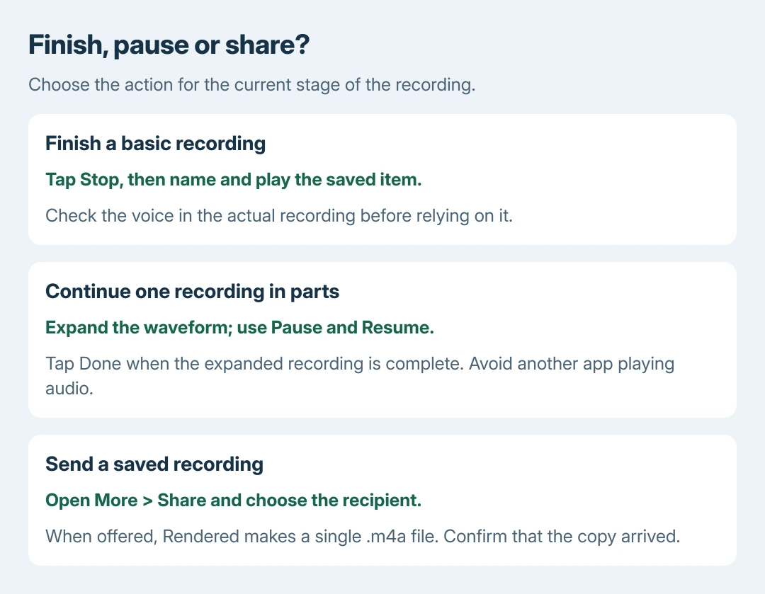 Voice Memos recording choices: Stop finishes a basic recording, Pause and Resume continue one expanded recording, and Share exports the saved item