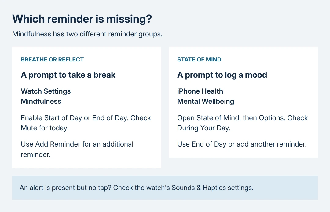 Mindfulness reminder choices: Breathe and Reflect use the watch's Mindfulness settings; mood logging uses State of Mind options in Health