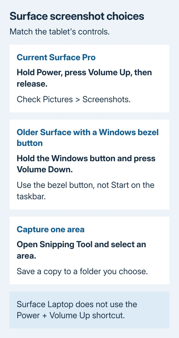Surface screenshot choices: Power then Volume Up on a current Surface Pro, Windows bezel button with Volume Down on an older model with that button, or Snipping Tool for a selected area