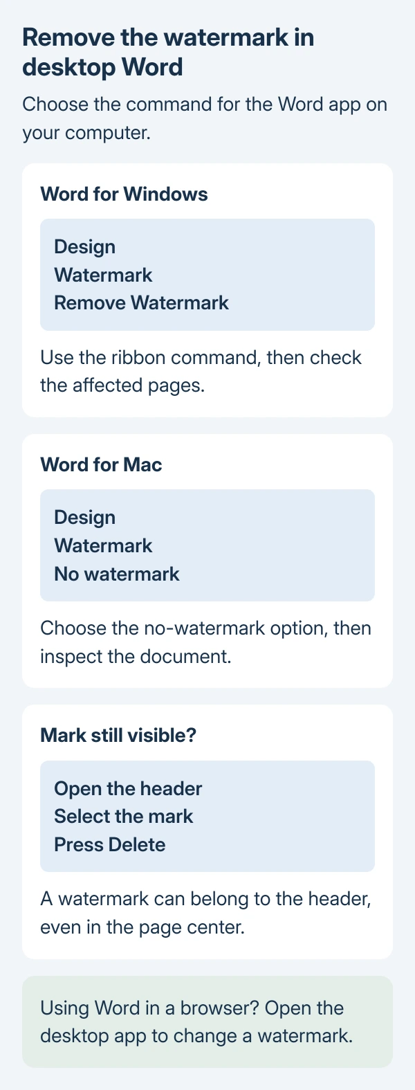 Word watermark removal choices: Windows uses Remove Watermark, Mac uses No watermark, and a remaining mark can be selected after opening the page header