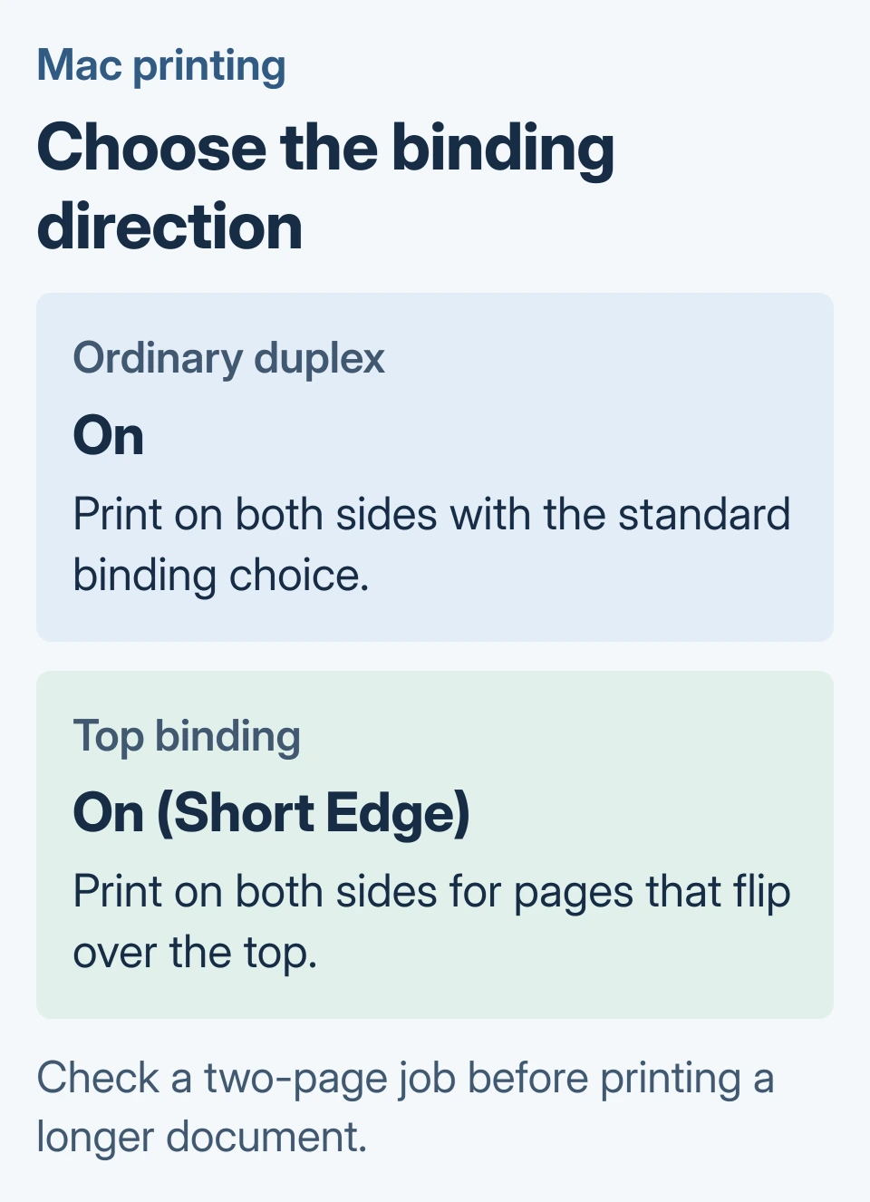 Mac duplex choices: On for ordinary double-sided output, and On Short Edge for pages bound at the top