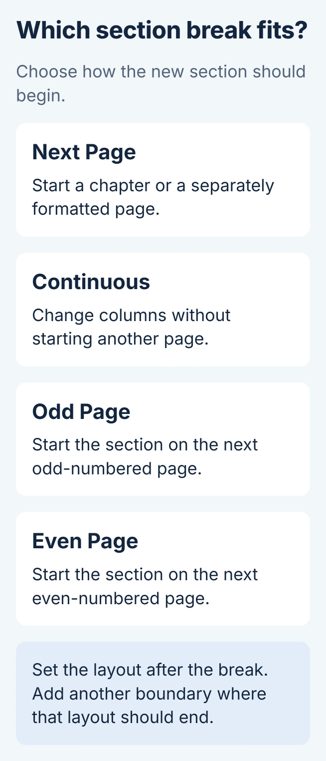 Word section choices: Next Page begins on a following page, Continuous stays on the current page, and Odd Page or Even Page starts on the next page with that numbering