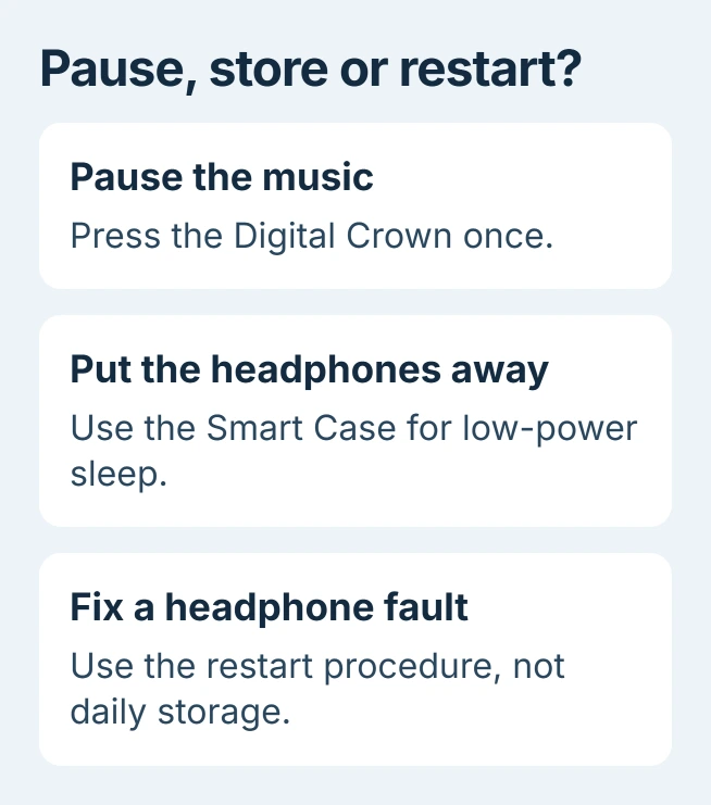 AirPods Max controls compared: press the Digital Crown to pause audio, place the headphones in the Smart Case for sleep, and reserve the two-button hold for a restart or reset