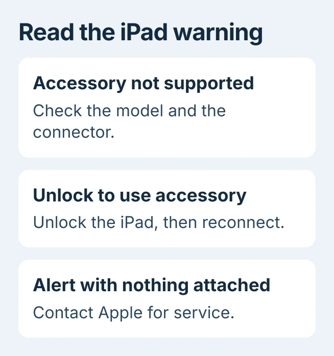 iPad accessory warning choices: an unsupported alert calls for compatibility and connector checks; an unlock request calls for unlocking and reconnecting; an alert with nothing attached calls for Apple service