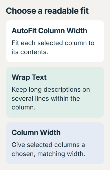 Excel sizing choices: AutoFit Column Width fits the contents, Wrap Text keeps long wording on multiple lines, and Column Width gives selected columns a chosen fixed width