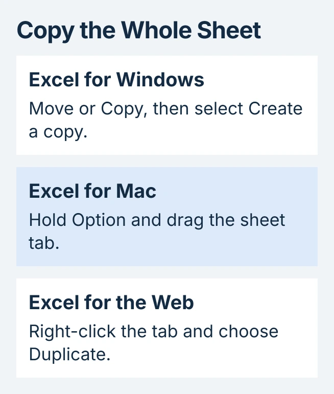 Excel sheet-copy controls compared: Windows uses Move or Copy with Create a copy selected, Mac uses Option while dragging a sheet tab, and Excel for the web uses Duplicate