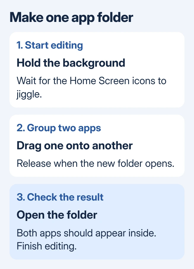 iPhone app-folder sequence: enter Home Screen editing, drag one app onto another, then open the new folder and check both apps