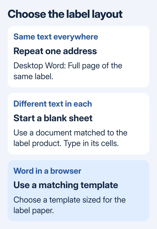 Word label choices: repeat one address with Full page of the same label, create a table for different manually typed labels, or use a matching template in browser Word