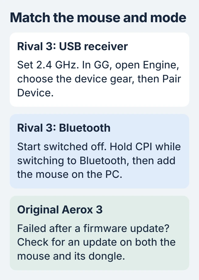 SteelSeries connection choices: Rival 3 Wireless receiver pairing uses GG Engine, Bluetooth pairing starts with its CPI button, and Aerox 3 Wireless firmware repair checks both mouse and dongle