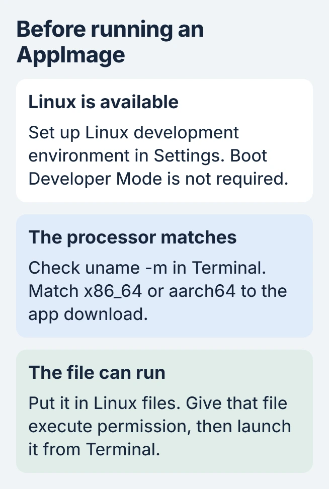 AppImage launch requirements on Chromebook: enable Linux, choose the matching processor build, then move the file into Linux files and give it execute permission