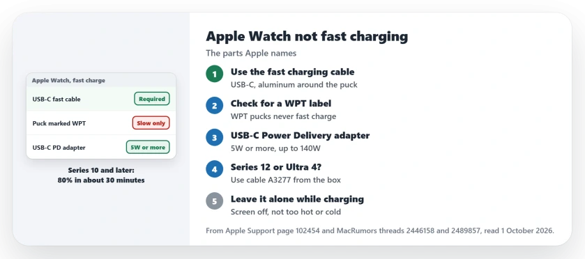 Apple Watch not fast charging: use Apple's USB-C fast charging cable, check the puck for a WPT label, plug it into a USB-C Power Delivery adapter of 5W or more, use cable A3277 on Series 12 and Ultra 4, and leave the watch alone while it charges