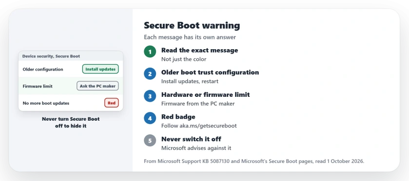 Windows Security Secure Boot warning: open Device security and read the exact Secure Boot message, install updates for an older boot trust configuration, contact the PC maker for a firmware limitation, check Microsoft's guidance for a red state, and never turn Secure Boot off