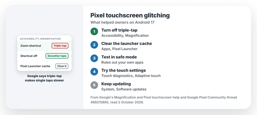 Pixel touchscreen glitching on Android 17: turn off the Magnification shortcut or triple-tap, clear the Pixel Launcher cache, test in safe mode, try the touch settings for your model, and install updates