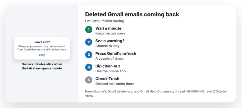 Deleted Gmail emails coming back: leave the tab open for a minute after deleting, never close through the warning, press Gmail's refresh button a couple of times, delete in the Gmail app instead, and check Trash