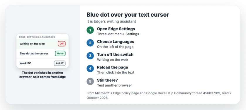Blue dot over the text cursor in Edge: open Settings, then Languages, turn off the writing assistant switch, reload the page, test in another browser, and on a work PC ask IT