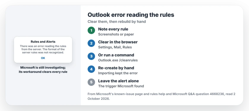 Outlook error reading the rules from the server: write your rules down, delete them in Outlook in a browser or run outlook.exe /cleanrules, re-create them by hand, and avoid removing a desktop alert from a rule