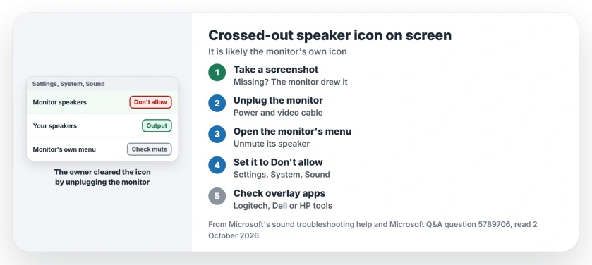 Crossed-out speaker icon stuck on screen: take a screenshot to see who drew it, unplug the monitor, check its own audio menu, stop Windows sending sound to it, and turn off overlay software