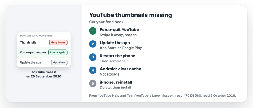 YouTube thumbnails missing on your phone: force-quit and reopen the app, update it from your app store, restart the phone, then clear the app's cache on Android or reinstall on iPhone
