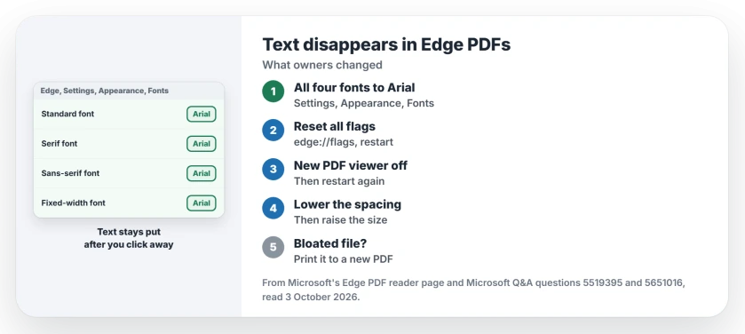 Text disappears in Edge PDFs: set Edge's four fonts to Arial, reset the flags and turn off the new PDF viewer, lower the text spacing, and print a bloated file to PDF