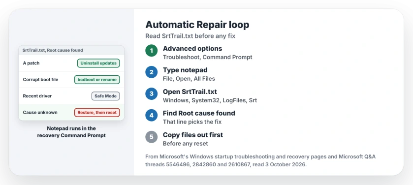 Automatic Repair couldn't repair your PC: open Command Prompt in recovery, run Notepad, open SrtTrail.txt, find the Root cause found line, and pick the fix that matches it