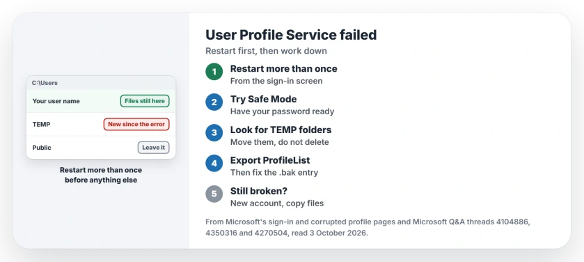 User Profile Service failed the sign-in: restart twice, try Safe Mode, look for TEMP folders under C:\Users, fix the .bak entry in ProfileList, then copy files to a new account