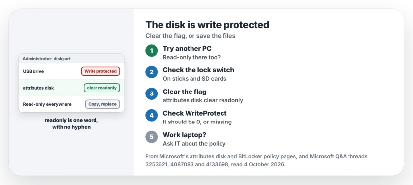 The disk is write protected: test on another PC, check the lock switch, clear the read-only flag in diskpart, check the WriteProtect value is 0, ask about work policies, then copy files off a failing stick